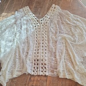 Grace & Lace Sheer Crochet-Trim Boho Blouse in Cream